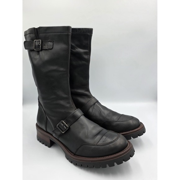 American Eagle Outfitters Women Black Leather Lug Biker MidCalf Riding Boots 10 - Picture 1 of 11